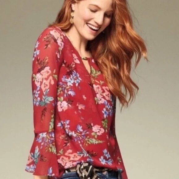 CAbi 3590 Devoted Red Floral Boho Blouse Size Small - Picture 1 of 5